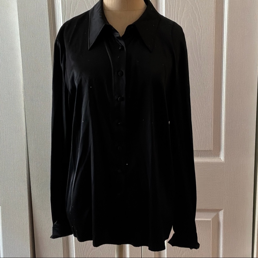 St. John Sparkly Black Long-Sleeve Button Front Silk Blouse
